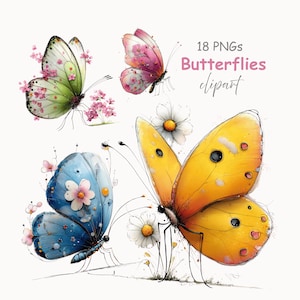 Könnte beinhalten: Aquarellillustration von vier Schmetterlingen in Grün, Rosa, Blau und Gelb. Die Schmetterlinge sind von kleinen Blumen und Gänseblümchen umgeben. Der Text lautet "18 PNGs Butterflies clipart".