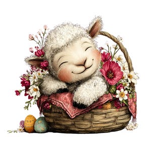 May include: A smiling cartoon lamb with white wool and pink cheeks rests in a woven basket. The basket is filled with red, white, and pink flowers, and a red patterned cloth. Two decorated Easter eggs are at the base of the basket.