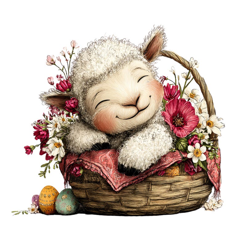 May include: A smiling cartoon lamb with white wool and pink cheeks rests in a woven basket. The basket is filled with red, white, and pink flowers, and a red patterned cloth. Two decorated Easter eggs are at the base of the basket.