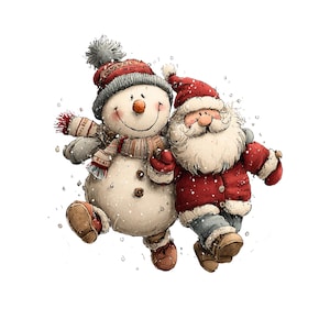 May include: A whimsical illustration of a snowman and Santa Claus embracing. The snowman wears a red and gray hat and scarf, while Santa dons his classic red suit and hat. Snowflakes surround the pair, creating a festive holiday scene.