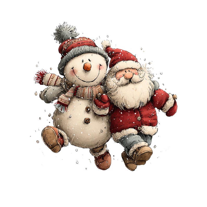 May include: A whimsical illustration of a snowman and Santa Claus embracing. The snowman wears a red and gray hat and scarf, while Santa dons his classic red suit and hat. Snowflakes surround the pair, creating a festive holiday scene.