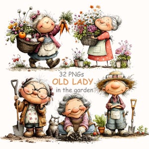 Watercolor Old Lady Gardening Clipart: Elderly Woman Illustration (Digital Download)