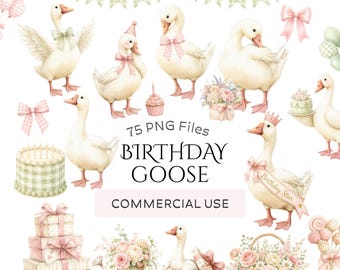 Birthday Goose Watercolor Clipart Bundle: Pastel Pink and Green Party Graphics (Digital Download - 75 PNGs)