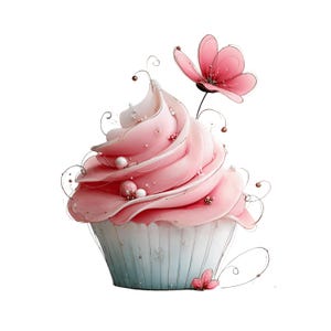May include: A watercolour cupcake with pink frosting and a pale blue and white paper case. The frosting is decorated with white pearls and small pink flowers. A larger pink flower sits on top.