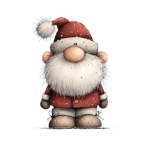 May include: A whimsical illustration of a Christmas gnome. The gnome wears a red hat with white trim and a matching red coat. It has a large white beard, a round nose, and tan boots. The image is set against a white background.