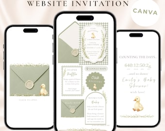 Silly Goose Baby Shower Website Invitation: Canva Template, Sage Green Gingham Digital Invite Mobile, Interactive Baby Shower Template