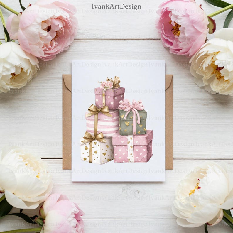 May include: A greeting card featuring a watercolor illustration of stacked gift boxes in shades of pink, gold, and green. The gifts are adorned with bows, hearts, and stripes. The card is surrounded by pink and white peonies.