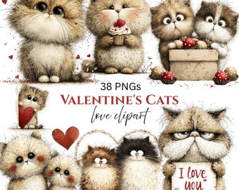 Whimsical Cats Valentine's Day Clipart: Love Graphics (Digital Download - 38 PNGs)