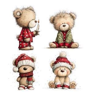 Christmas Bears Clipart: Festive Holiday Graphics (Digital Download - 30 PNGs)

Bring holiday cheer to your projects with this adorable 30 Christmas Bears Clipart collection! Each bear is illustrated in a whimsical festive style, featuring cozy pajamas, Santa hats, scarves, gift boxes, candy canes, ornaments, and more. Perfect for Christmas cards, invitations, gift tags, stickers, mugs, t-shirts, scrapbooking, and digital designs.