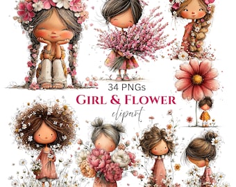 Flicka & Blomma Vår Clipart: Nyckfull Barnkammargrafik (Digital Nedladdning - 34 PNG-bilder)