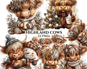 May include: A collection of digital illustrations featuring Highland cows in winter attire. The cows are depicted with cozy hats, scarves, and sweaters, some holding mugs or near a Christmas tree. The text "HIGHLAND COWS 23 PNGs" is displayed.
