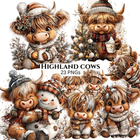 Highland Cow Christmas Clipart: Sweet Festive Holiday Graphics (Digital Download - 23 PNGs)