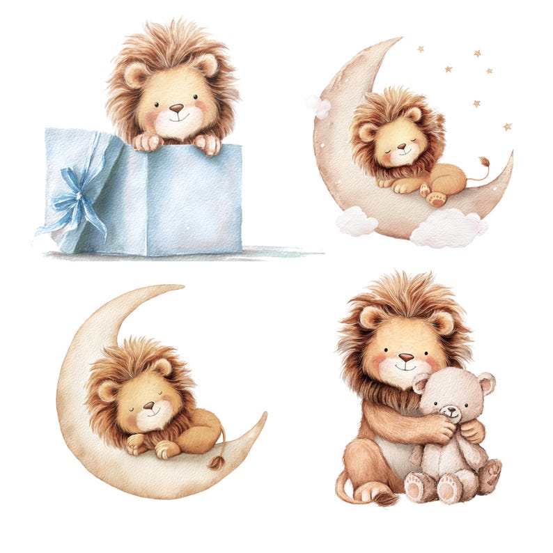Watercolor Lion Animal Clipart: Cute Nursery Graphics (Digital Download - 20 PNGs)

Float into sweetness with this adorable set of 20 Lions Clipart illustrations! Each design features a watercolor baby lion.

These cute lions PNG files are ideal for creating baby shower invitations, nursery prints, scrapbooking pages, birth announcements, or even cute apparel designs. With transparent backgrounds