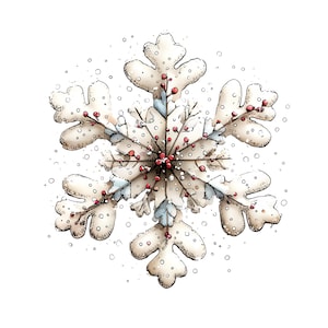May include: A detailed illustration of a snowflake with six rounded arms. The snowflake is off-white with a textured appearance and is decorated with small red berries and light blue accents. Small white dots surround the snowflake, suggesting falling snow.