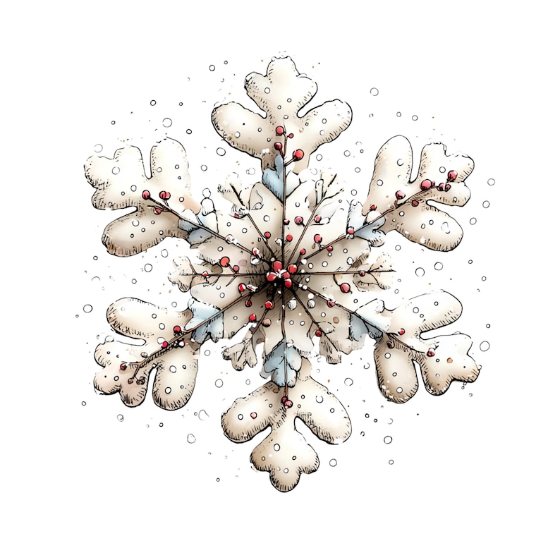 May include: A detailed illustration of a snowflake with six rounded arms. The snowflake is off-white with a textured appearance and is decorated with small red berries and light blue accents. Small white dots surround the snowflake, suggesting falling snow.