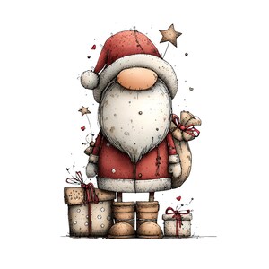 May include: A whimsical illustration of a Santa Claus-like gnome. He wears a red coat and hat with a white beard and holds a star wand. Presents and a sack of gifts are at his feet, all in a festive, hand-drawn style.