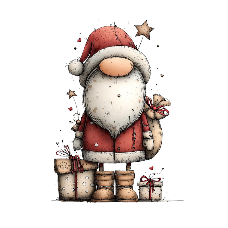 May include: A whimsical illustration of a Santa Claus-like gnome. He wears a red coat and hat with a white beard and holds a star wand. Presents and a sack of gifts are at his feet, all in a festive, hand-drawn style.