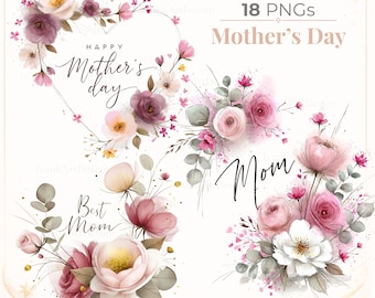 May include: Digital art featuring floral arrangements in shades of pink, purple, and white. The words "Happy Mother's Day", "Mom", and "Best Mom" are displayed in elegant script. The image also includes the text "18 PNGs Mother's Day".