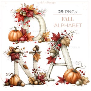 May include: Watercolor illustration of the letters D, N, and A from the Fall Alphabet, adorned with pumpkins, acorns, and fall foliage. The letters are in a distressed white font, with the text "29 PNGs FALL ALPHABET" in the upper right corner.