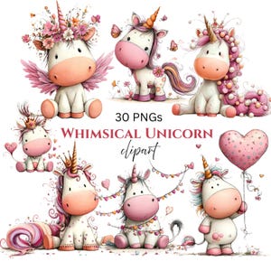 Whimsical Unicorn Clipart: Girl Nursery Graphics (Digital Download - 30 PNGs)

A charming collection of unicorn clipart illustrations crafted in a whimsical, dream-bright style perfect for magical creative projects. Each unicorn features delicate details, flowing manes and tails, gentle pastel hues, and enchanting accents such as crowns, stars, flowers, hearts, and sparkles.