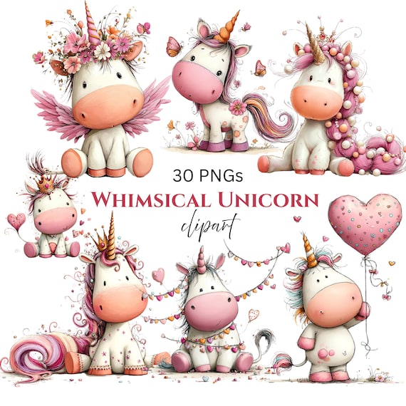 Whimsical Unicorn Clipart: Girl Nursery Graphics (Digital Download - 30 PNGs)