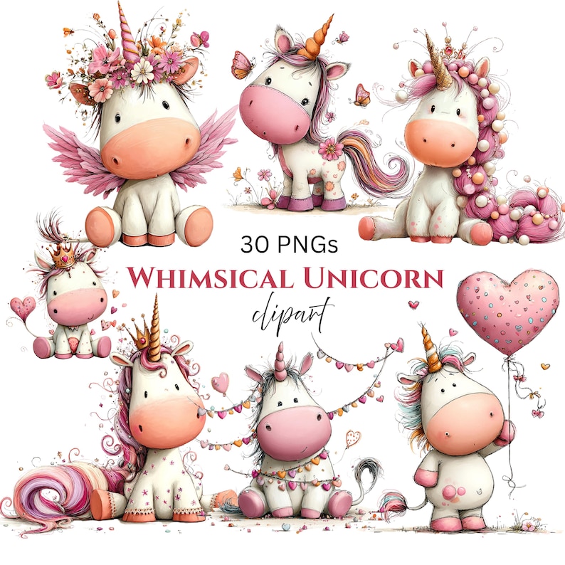 Whimsical Unicorn Clipart: Girl Nursery Graphics (Digital Download - 30 PNGs)

A charming collection of unicorn clipart illustrations crafted in a whimsical, dream-bright style perfect for magical creative projects. Each unicorn features delicate details, flowing manes and tails, gentle pastel hues, and enchanting accents such as crowns, stars, flowers, hearts, and sparkles.