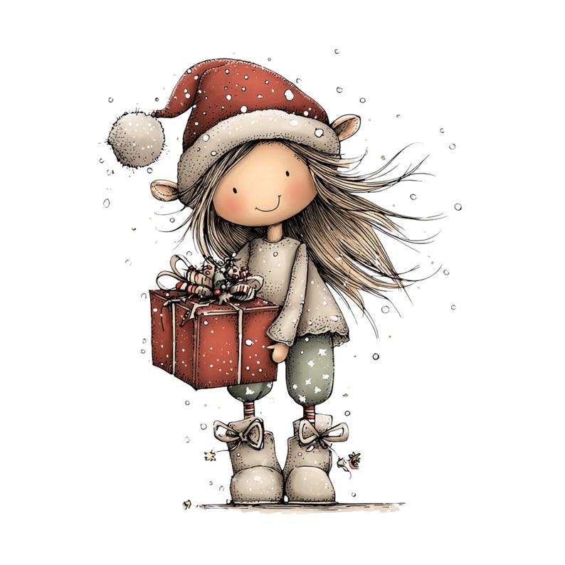 May include: A whimsical illustration of a child dressed for Christmas. The child wears a red Santa hat with white trim and a matching outfit, holding a red gift box with a bow. Snowflakes are scattered around the figure, creating a festive holiday scene.
