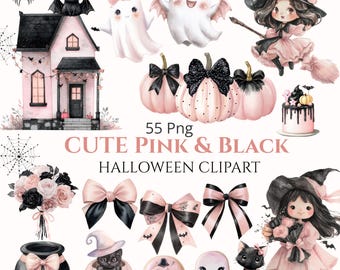 Pink Halloween Clipart Bundle: Watercolor Witch, Ghost, Pumpkin PNGs (Digital Download)