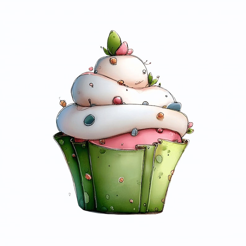 May include: A watercolour-style cupcake illustration. It features a swirl of white icing, pink filling, and a green and yellow wrapper. The cupcake is decorated with colourful sprinkles and a green leaf.
