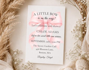 Digital Baby Shower Invitation for Girl: Coquette Bow Invite, Editable Canva Template, A Little Bow Is On The Way, Printable Invite