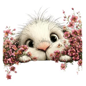 May include: A whimsical illustration of a white bunny peeking out from behind pink flowers. The bunny has large, expressive eyes and a pink nose, creating a charming and endearing image. The flowers add a touch of spring.