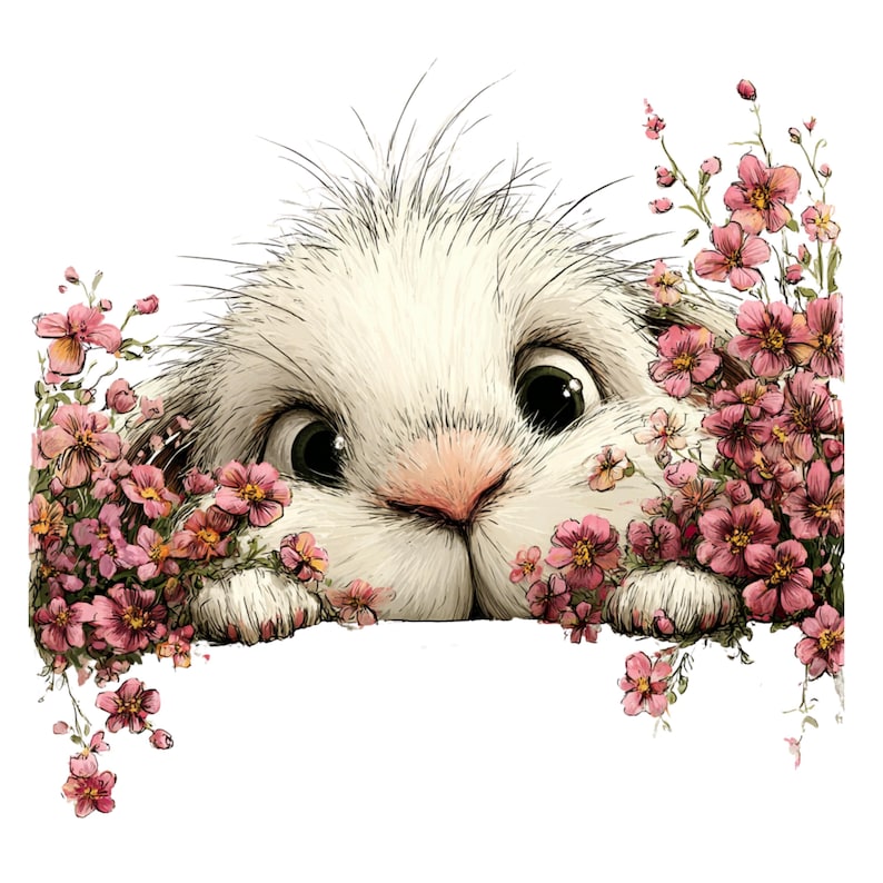 May include: A whimsical illustration of a white bunny peeking out from behind pink flowers. The bunny has large, expressive eyes and a pink nose, creating a charming and endearing image. The flowers add a touch of spring.