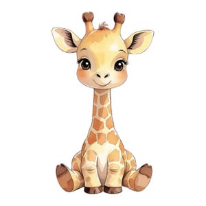 Clipart de jirafa de acuarela, linda jirafa bebé, decoración de guardería PNG, jirafa con globo para baby shower, arte de pared para cumpleaños, descarga digital