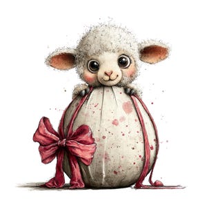 May include: A watercolor illustration of a cute lamb peeking out of a large egg. The egg is white with pink splatters and red ribbons. A large red bow adorns the front of the egg, creating a whimsical Easter theme.