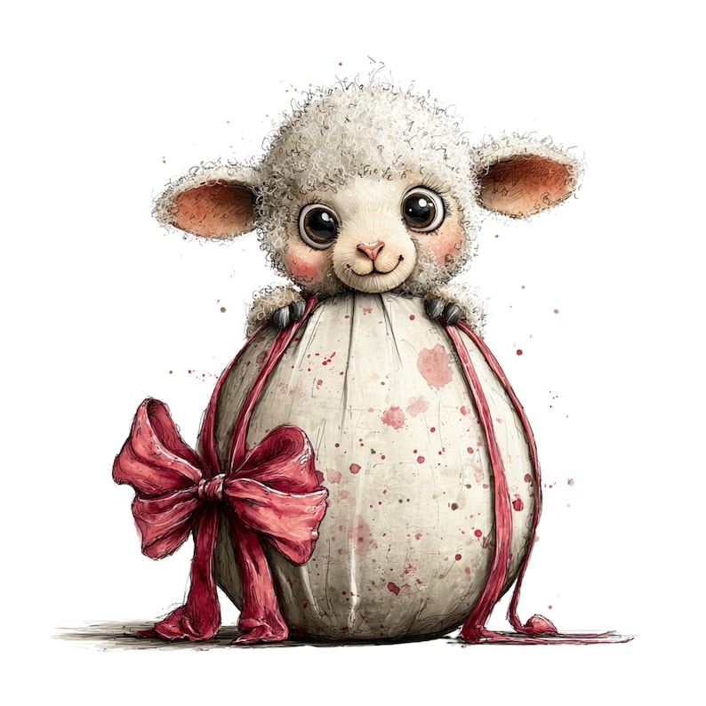May include: A watercolor illustration of a cute lamb peeking out of a large egg. The egg is white with pink splatters and red ribbons. A large red bow adorns the front of the egg, creating a whimsical Easter theme.