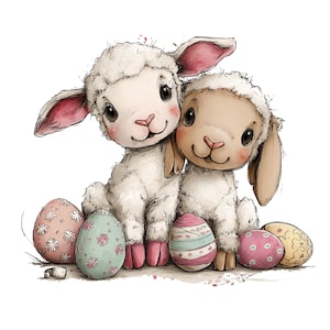 Easter Lamb Clipart: Whimsical Graphics (Digital Download - 26 PNGs)

This whimsical lambs Easter clipart collection features sweet, fluffy lambs illustrated in a charming storybook style. Each lamb is drawn with soft textures, expressive faces, and adorable poses that capture the innocence and joy of springtime. Surrounded by classic Easter elements—decorated eggs, blooming flowers, pastel ribbons, and gentle seasonal accents—the illustrations bring a warm and playful feel to any project.