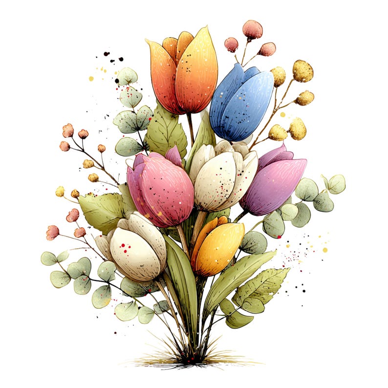 Spring Tulip Flowers Clipart: Whimsical Floral Graphics (Digital Download - 24 PNGs)

A whimsical tulip flowers clipart illustration bursting with playful elegance and fairy-tale charm. The tulips stand tall with gently swaying stems, their rounded petals curling and overlapping in exaggerated, storybook shapes