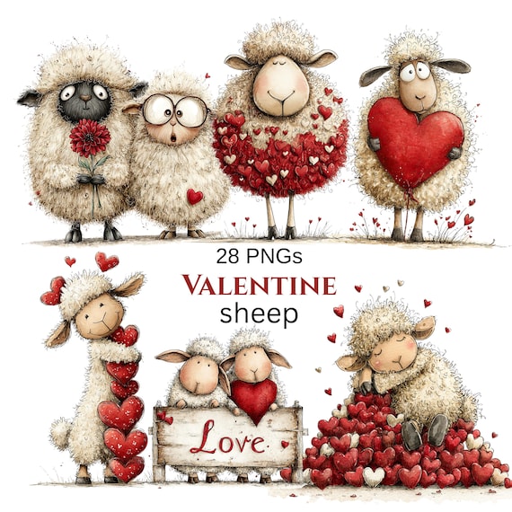 Valentine's Day Sheep Clipart: Whimsical Love Graphics (Digital Download - 28 PNGs)