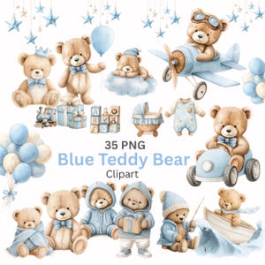 Blue Teddy Bear Clipart: Watercolor Baby Teddies PNG Set, Teddy Balloon - Car - Airplane - Sleeping - Moon - Cloud (Digital Download 35 PNG)