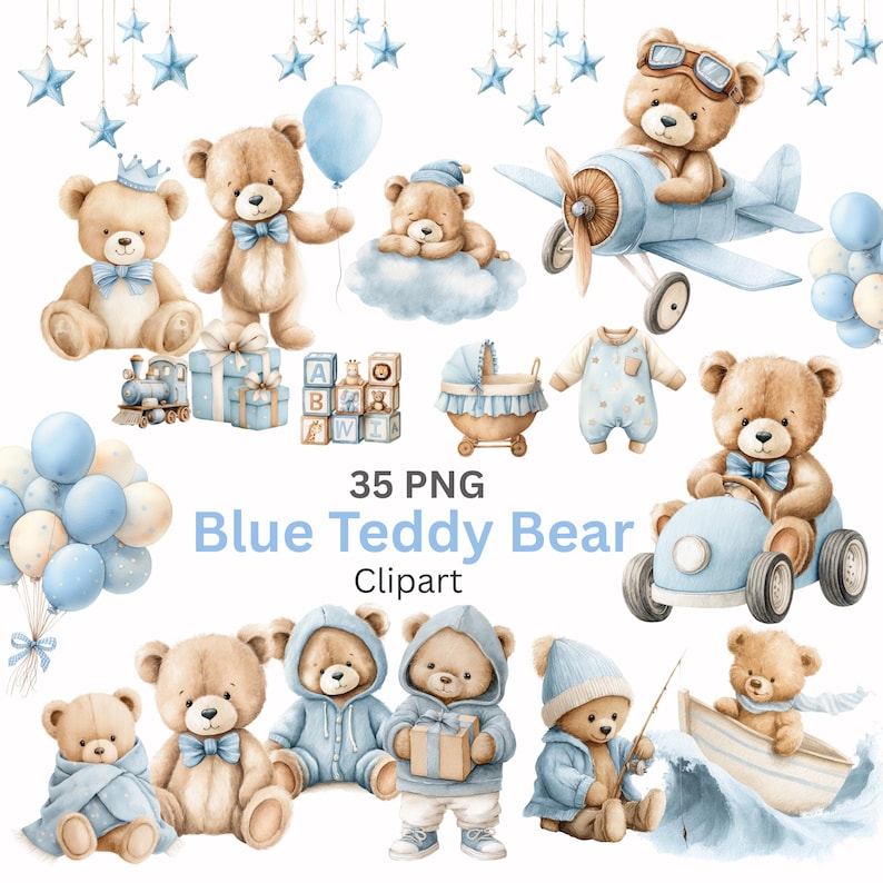 36 Blue Teddy Bear Clipart - Baby Boy Shower PNG – Teddies Nursery Watercolor PNG Clip Art Set - Crib - Stroller - Baby Clothes - Teddy Bear

Bring softness and charm to your baby shower designs with this 36-piece Blue Teddies Watercolor Nursery Clipart Bundle! Each PNG features adorable teddy bears and baby boy-themed elements in blue tones – perfect for creating invitations, nursery prints, baby books, wall art, and more.