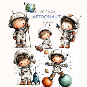 May include: Watercolor illustrations of cartoon astronauts in white space suits. One astronaut holds a flag with a globe, and another points. The text reads "20 PNGs ASTRONAUT clipart".