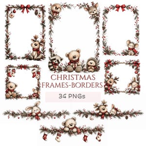 May include: A collection of Christmas frames and borders featuring illustrations of teddy bears, reindeer, mice, raccoons, and hedgehogs adorned with pine branches, red berries, pinecones, bows, and stockings, with the text CHRISTMAS FRAMES-BORDERS 34 PNGs.