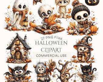 風変わりで不気味なハロウィーンのクリップアート集：水彩画風の秋のクリップアート、かわいい幽霊、ミイラ、骸骨、カボチャ（デジタルダウンロード - PNGファイル27点）