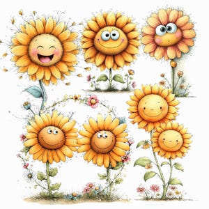May include: A collection of cartoon sunflowers with smiling faces. The sunflowers are yellow with orange centers and green stems. Some have leaves and are surrounded by small flowers and grass. The image has a watercolor style.
