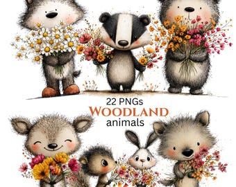 Clipart floral primaveral de animales del bosque: Gráficos infantiles originales (Descarga digital - 22 PNG)
