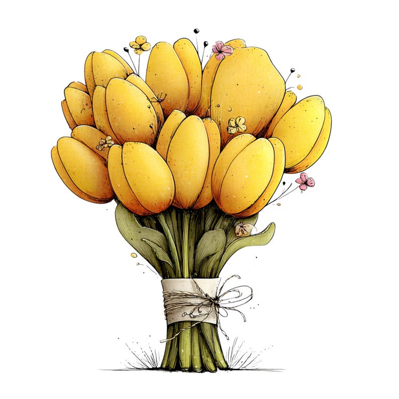 Spring Tulip Flowers Clipart: Whimsical Floral Graphics (Digital Download - 24 PNGs)

A whimsical tulip flowers clipart illustration bursting with playful elegance and fairy-tale charm. The tulips stand tall with gently swaying stems, their rounded petals curling and overlapping in exaggerated, storybook shapes