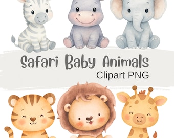 Watercolor Jungle Baby Animals Clipart: Safari Zoo PNG (Digital Download)