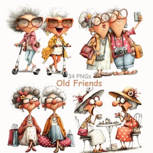 May include: A set of watercolour illustrations depicting elderly women in different situations. The images show women on scooters, taking selfies, shopping, and drinking tea. The text "34 PNGs Old Friends" is visible.