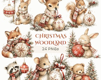 クリスマスの森の動物クリップアート：冬の動物セット、ウサギ、鹿、キツネ、ネズミ、クマ、クリスマスオーナメントグラフィック（デジタルダウンロード - PNG画像24点）