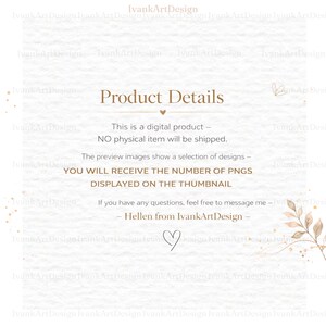 May include: A digital product details page with the text "Product Details." The text states that no physical item will be shipped and that the buyer will receive the number of PNGs displayed on the thumbnail.